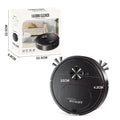 Three-in-one automatic robot floor cleaner with USB charging cable and cleaning accessories on hardwood floor.
