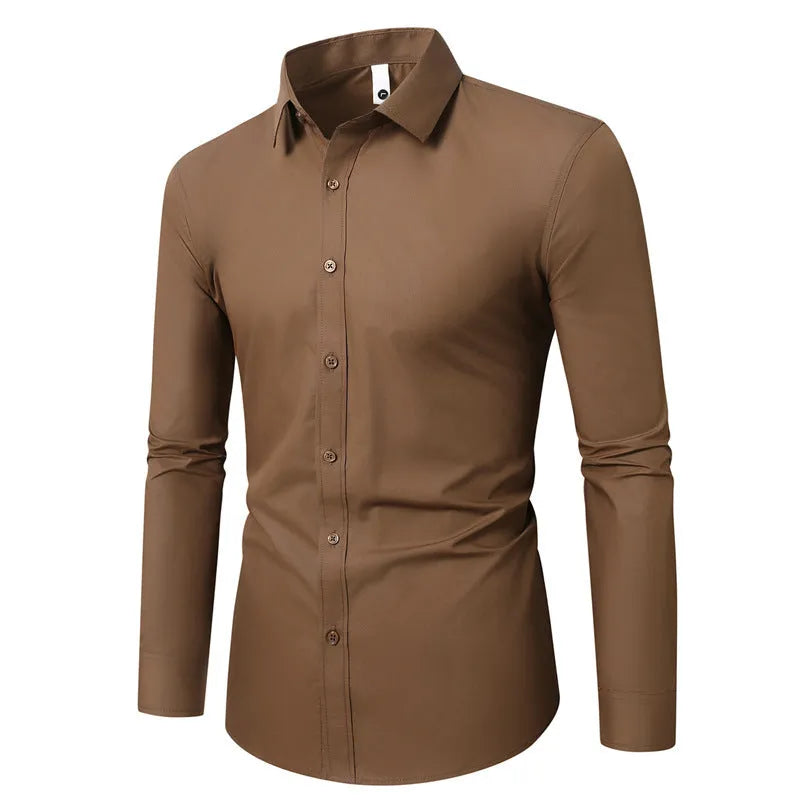Man wearing a loose-fit long-sleeve linen shirt in a neutral colour, showcasing the casual fit and texture.