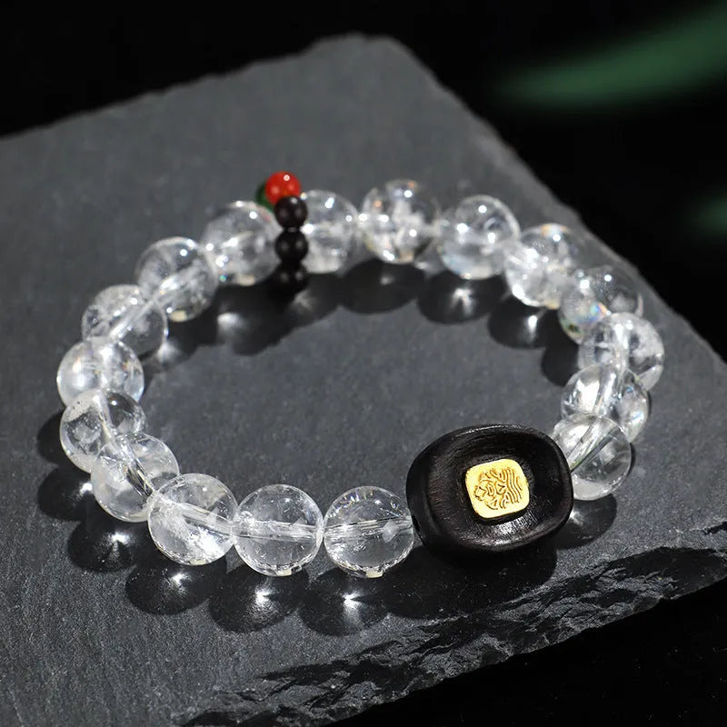 Handmade natural white crystal ebony bracelet with five warp ethnic design