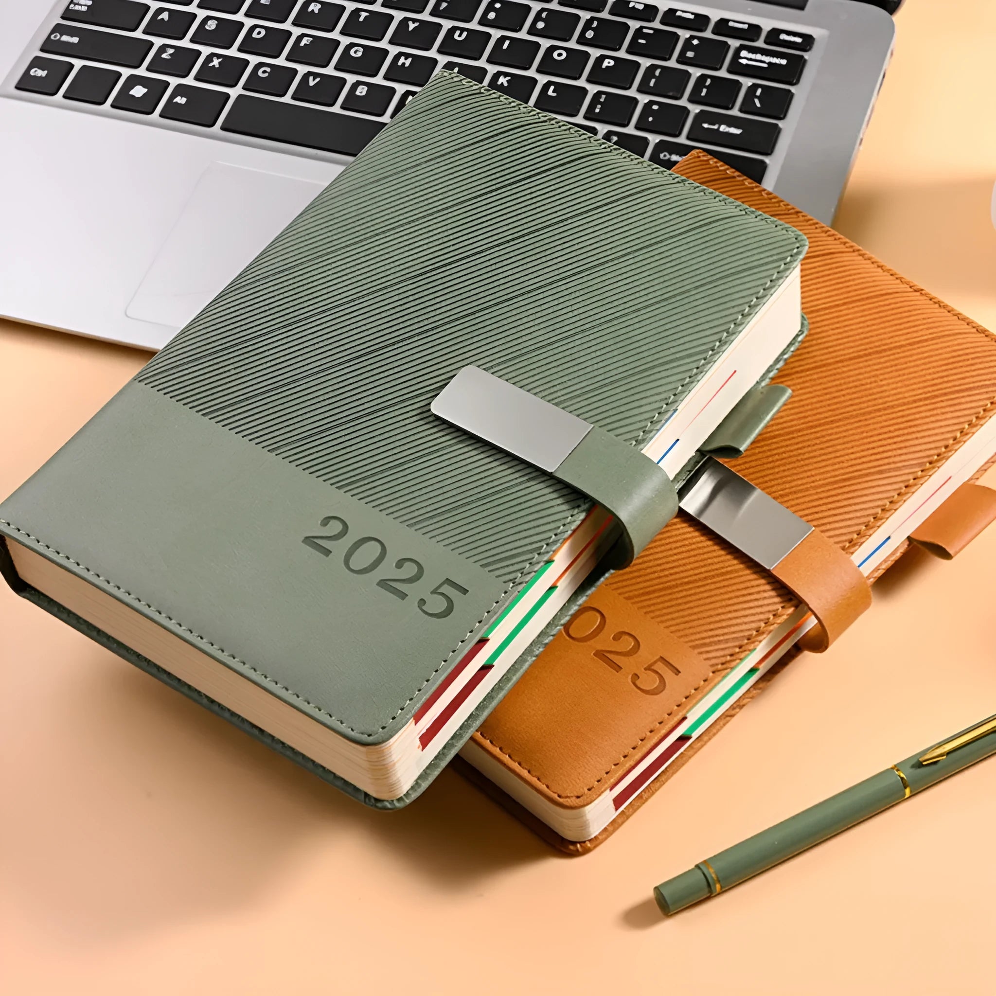 A5 PU leather business notepad with striped cover showing eight colour options and 204 sheets of paper