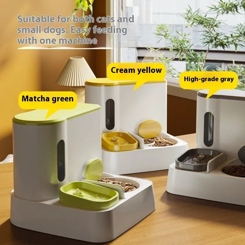 Cat automatic pet feeder with integrated double bowl water dispenser system