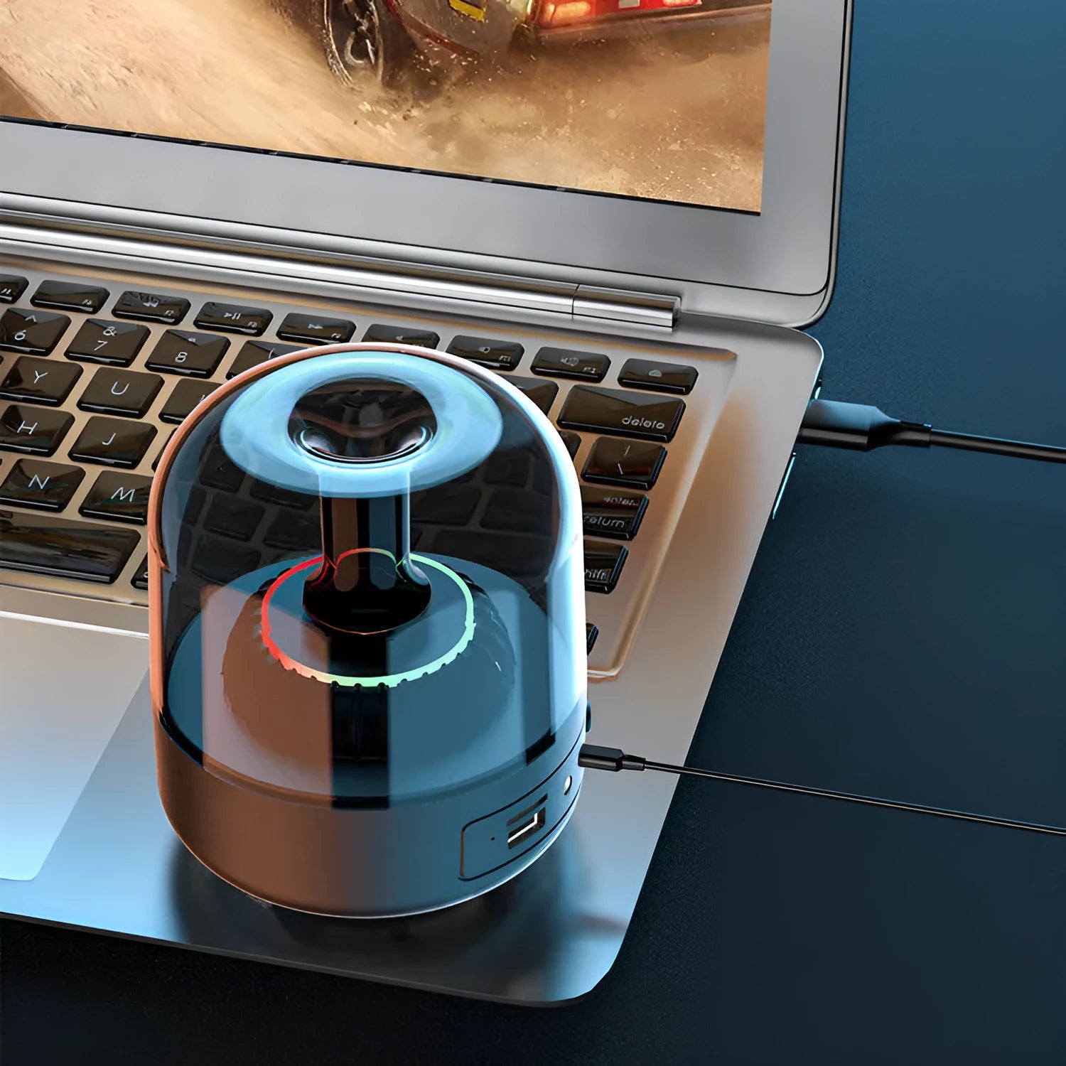 Blue glass desktop MINI computer speaker with bass, Bluetooth, and USB interface, 110 by 110 by 150 mm