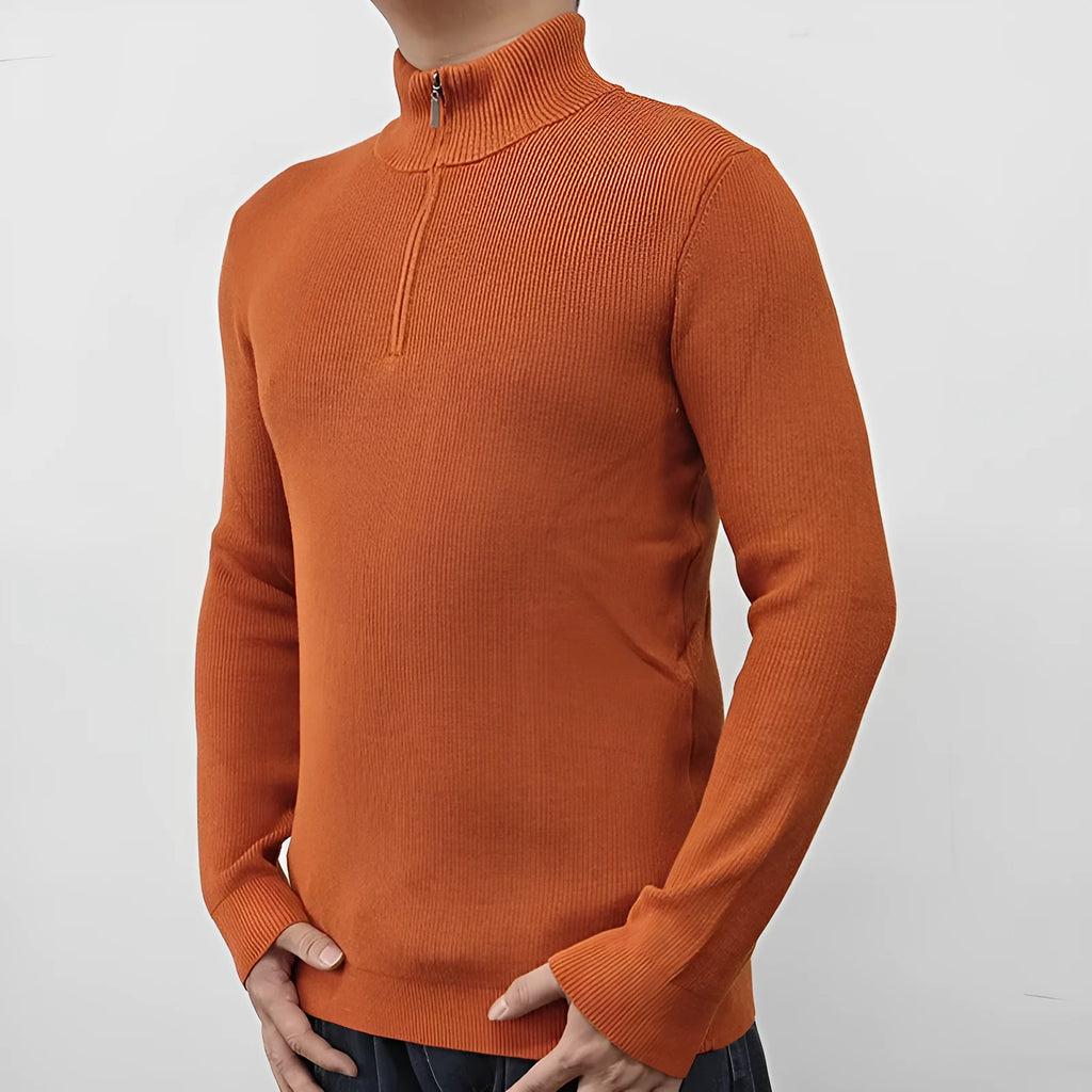 Men's black half-turtleneck sweater with front zipper and long sleeves in American style design