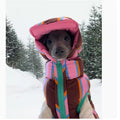 Dirty pink striped knitted vest and matching hat for a small dog on a grey background.