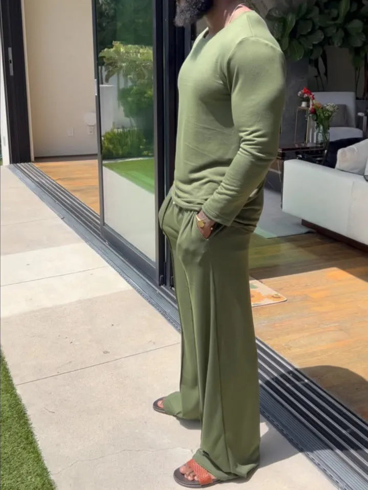 Men's green casual polyester two-piece set with long sleeve top and full-length trousers