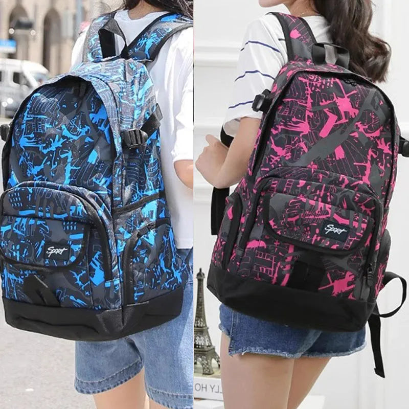 Blue large capacity nylon backpack with padded straps on a plain background