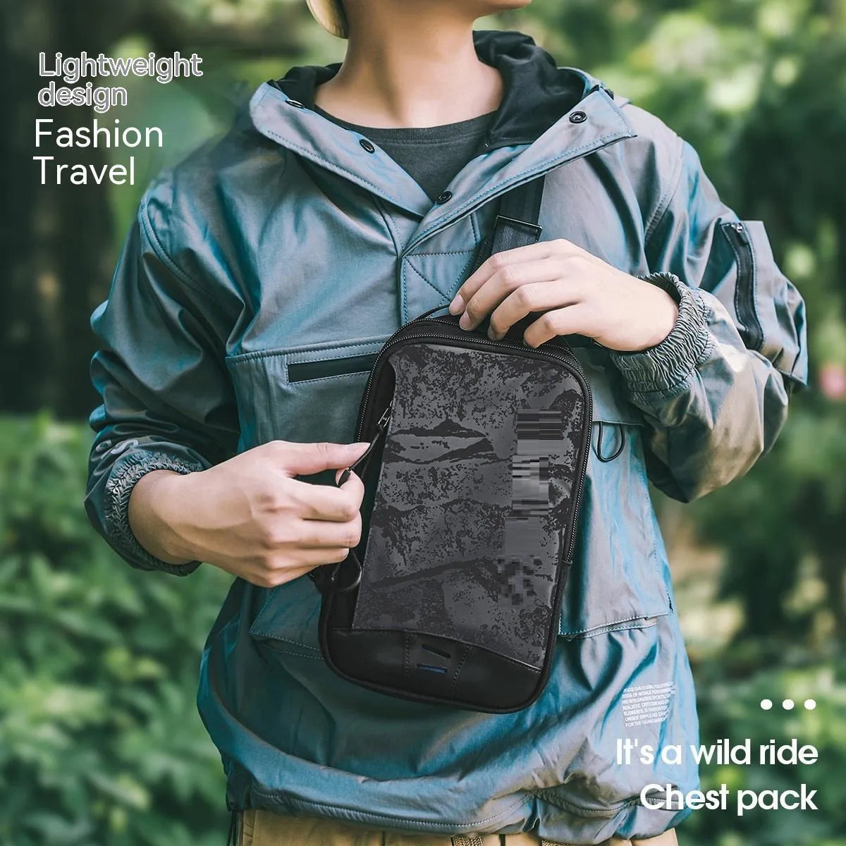Casual black camouflage pattern chest bag with a single shoulder strap and soft handle.