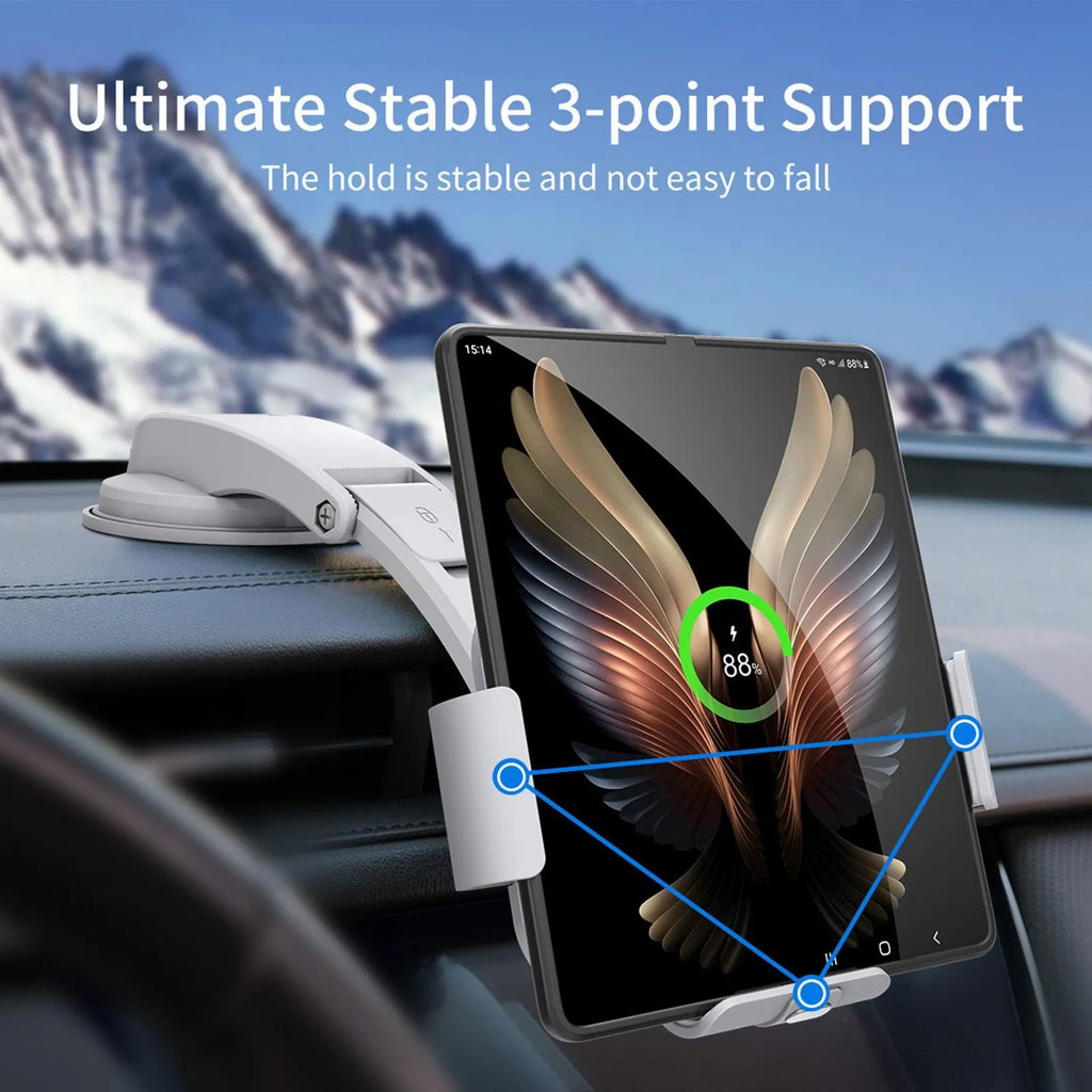 Grey wireless charging phone holder for cars with vent clip and suction cup mount options on a dashboard.