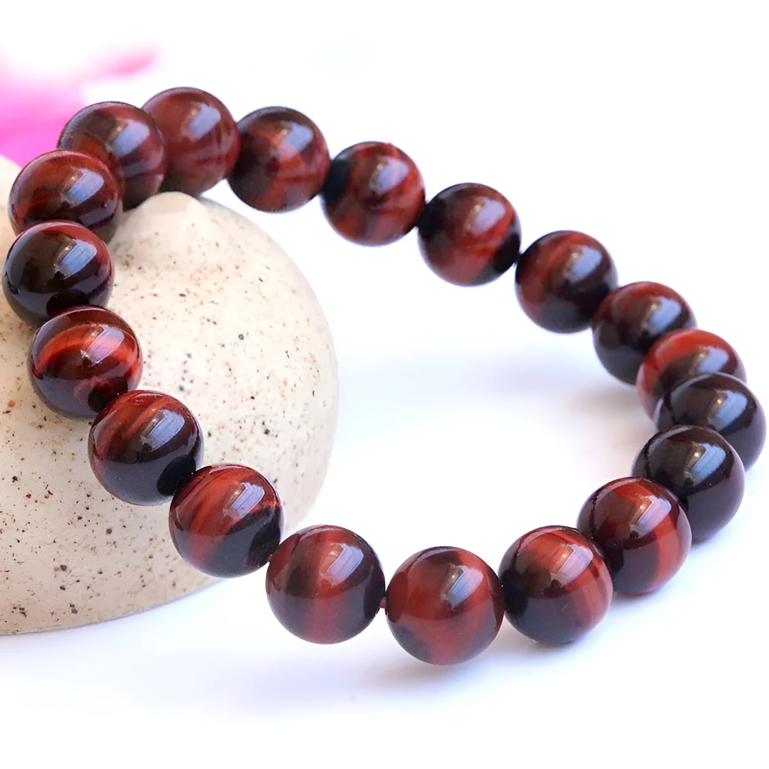 Red tigereye lightning cat's eye wood alexandrite bracelet with geometric ethnic styling