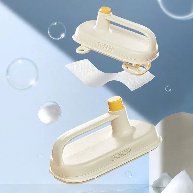 Magic Brush disposable cleaning tool with plastic handle, 50 white non-woven rags, and a storage box holder.