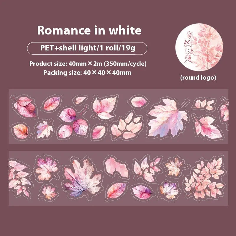 Roll of PET decorative stickers showing leaf patterns including ginkgo and maple designs, 40mm wide