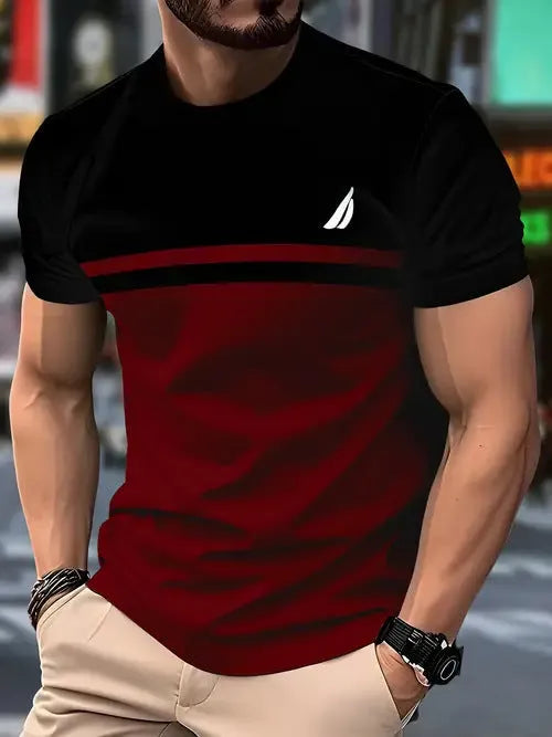 Grey loose-fit men's short sleeve casual T-shirt made from polyester fabric on a hanger.