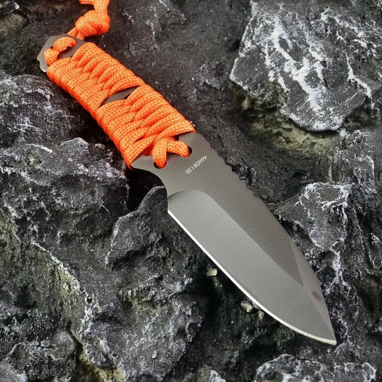 Multi-function survival knife with straight blade and rope handle showing ABS sheath