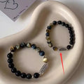 Tigereye Obsidian S925 sterling silver couple bracelet set with Chinese style geometric design