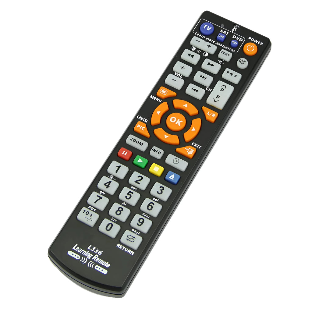 Black L336 learning remote control showing button layout and 20cm length