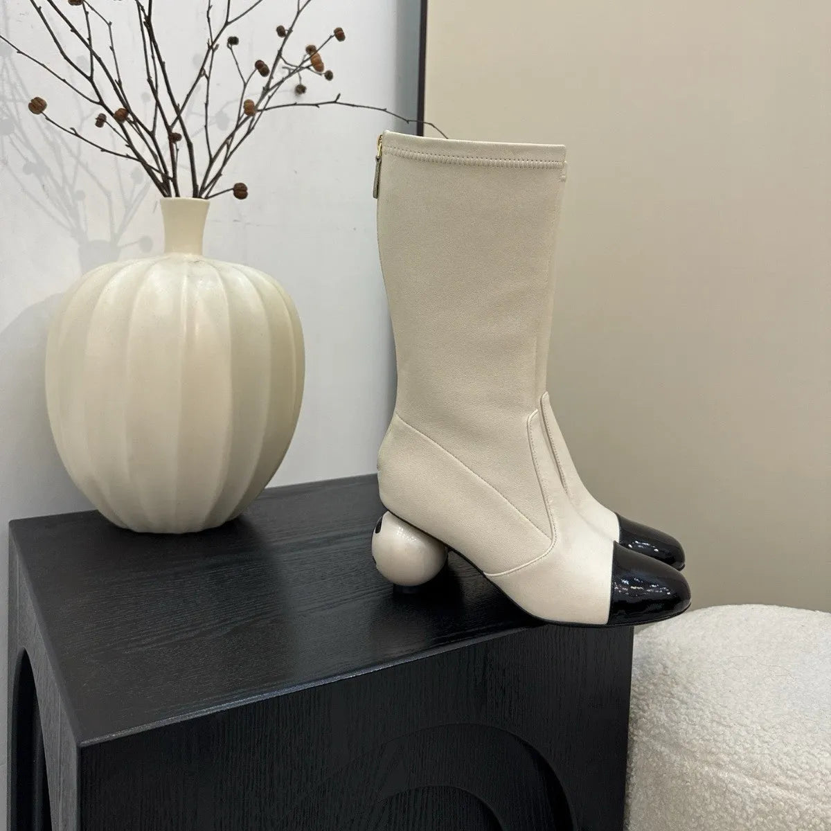 Women's chunky heel ankle boots in apricot with round toe, back zipper, and sheepskin lining