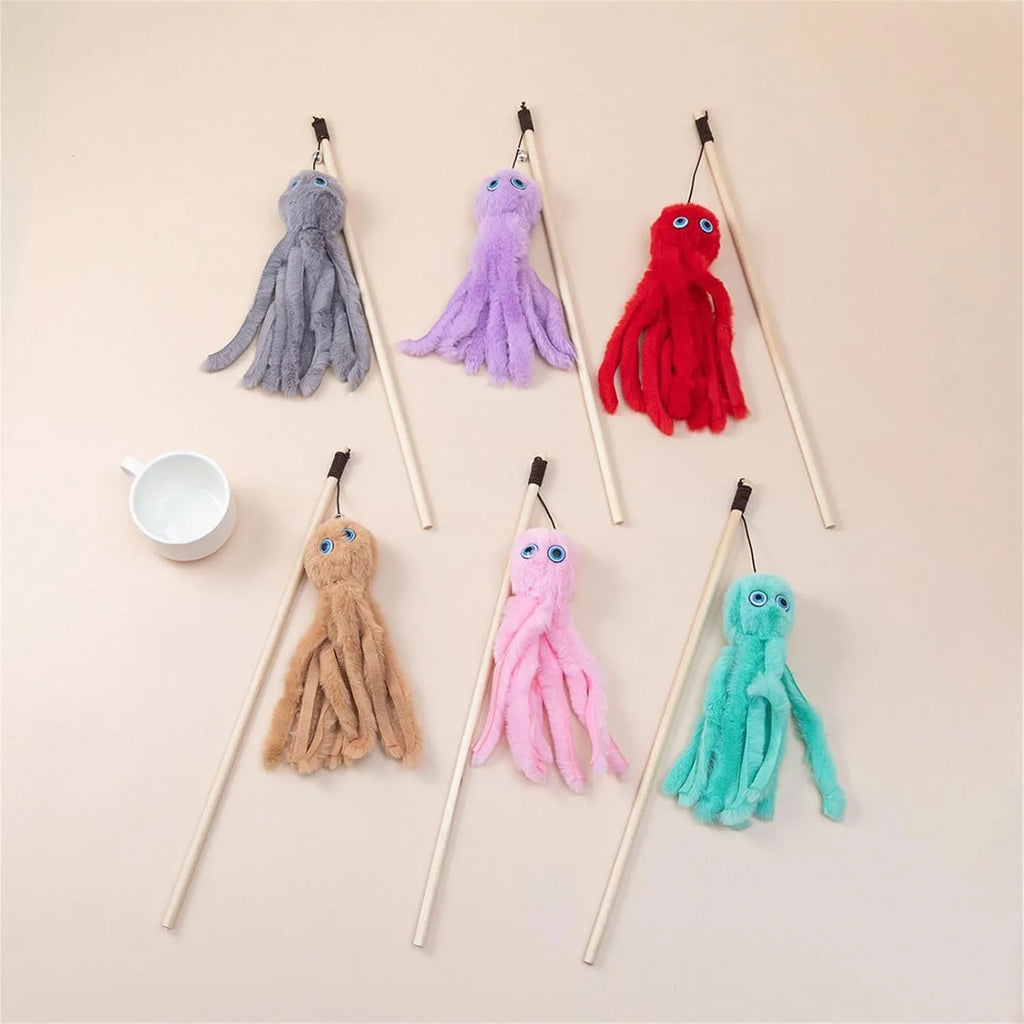 Furry octopus cat toy on long stick wand in pink colour option