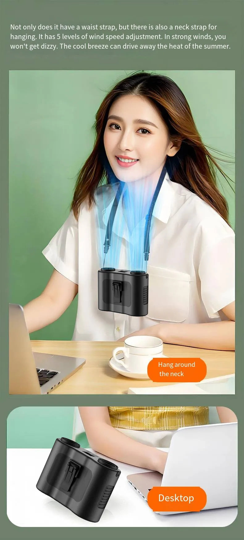 Black mini waist-hung portable fan with neck lanyard and waist buckle, showing turbine blades.
