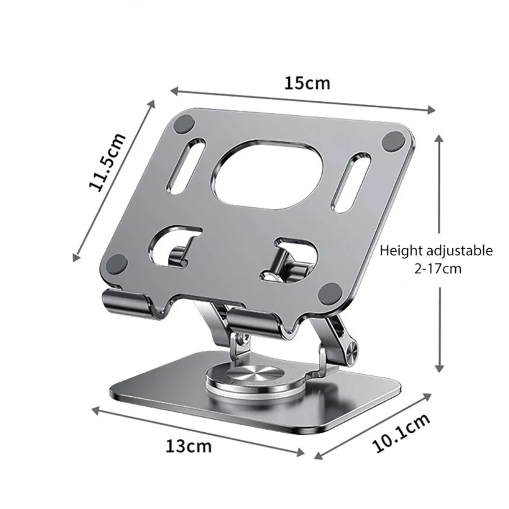 Rotating flat stand in silver colour showing adjustable height mechanism for tablets