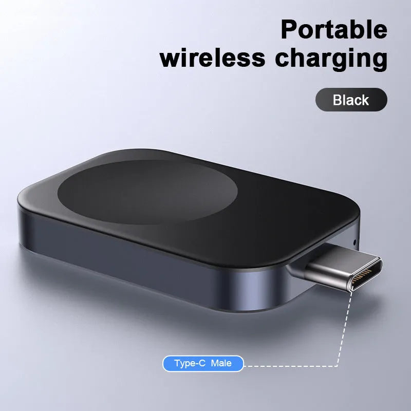 Compact black three-in-one magnetic wireless charger for iPhone, Apple Watch and AirPods.