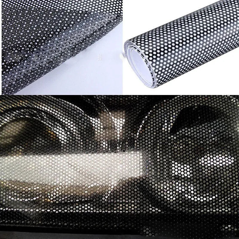 Plastic mesh automotive colour change film showing perforated texture and 30cm by 106cm dimensions