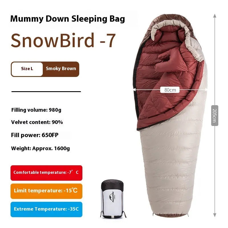 Goose down mummy sleeping bag for adults in storage bag
