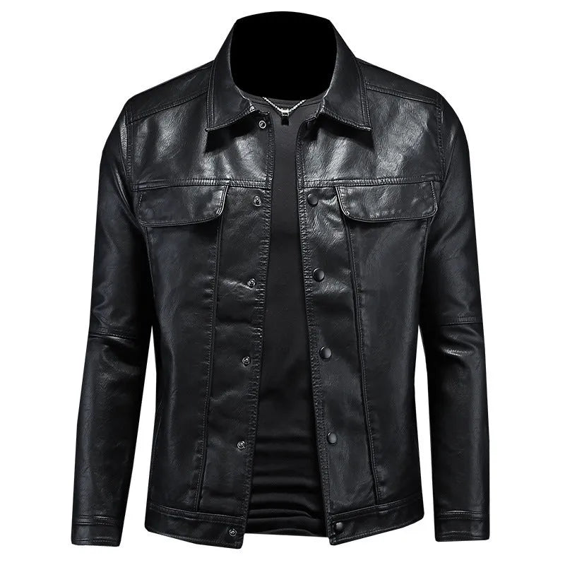 Men's long-sleeved lapel motorcycle PU leather coat in black, regular fit with bag cover slit pockets