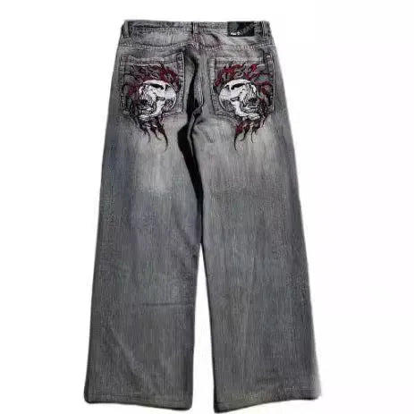 Men's grey washed-out straight-leg jeans with wide-leg workwear design