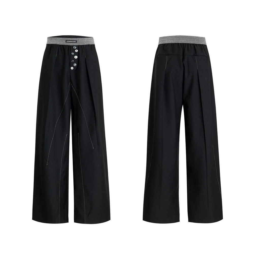 Black high-waisted straight-leg casual trousers featuring a button-open line design detail on the leg.