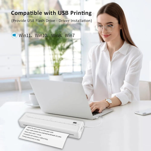Black and white A4 portable Bluetooth printer with compact 28cm design for wireless mobile printing