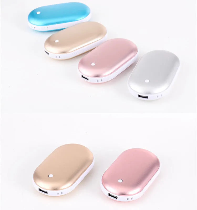 Small rectangular rechargeable hand warmer and power bank in a choice of colours including blue, gold, pink, and silver