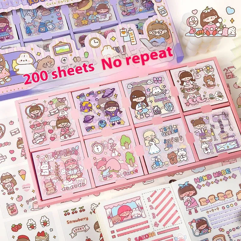 Children's sticker collection box with five themed designs including cute meatballs and interstellar team illustrations
