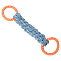 Blue double-ring dog chew toy with braided cotton bone rope measuring 37cm long