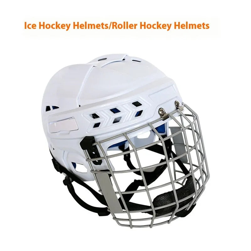 Ice hockey helmet with carbon steel face mask, shown in size L with a black PP shell and grey lining.