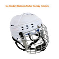 Ice hockey helmet with carbon steel face mask, shown in size L with a black PP shell and grey lining.