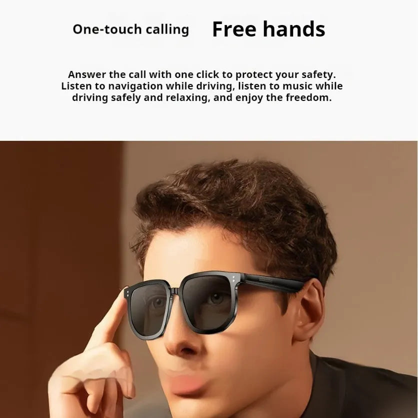 Black AI smart glasses with Bluetooth audio, touch controls, and UV protection lenses
