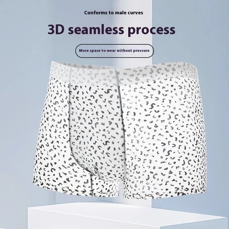 Men's ice silk boxer shorts showing camouflage, leopard print, zebra and geometric pattern options.