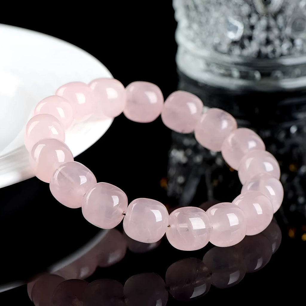 Natural crystal bamboo barrel bead bracelet with geometric 11x12mm beads in pink
