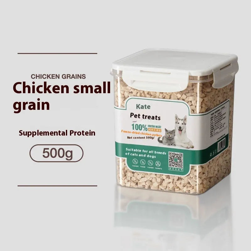 500g bag or barrel of chicken freeze-dried cat snacks showing high grade nuggets without shreds