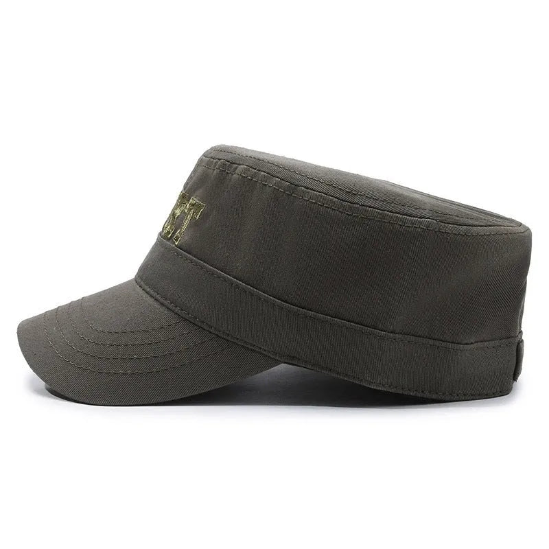 Men's adjustable cotton flat-top peaked cap in army green colour with English letter detail