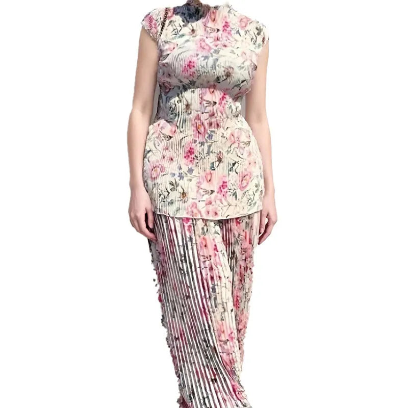 Women's printed chiffon two-piece dress set with long sleeves and high waist skirt in picture colour