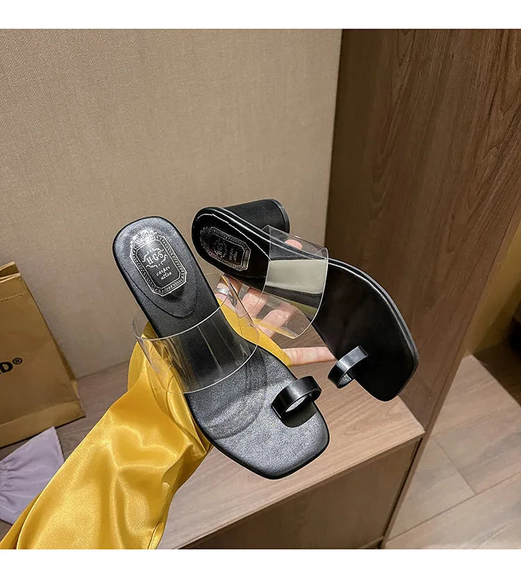 Toe covering transparent ankle-strap chunky heel outdoor slippers in black with black rubber sole and square head design