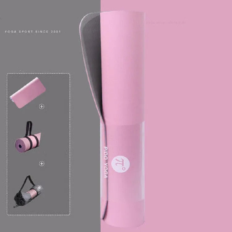 Paido TPE yoga mat rolled out in pink and grey colour on a clean floor