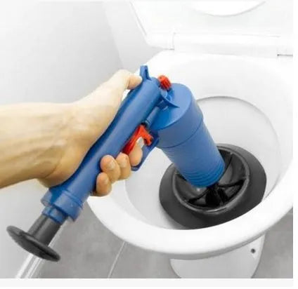 Manual high-pressure plastic drain blaster gun with four different size suction cup adaptors for unblocking pipes.