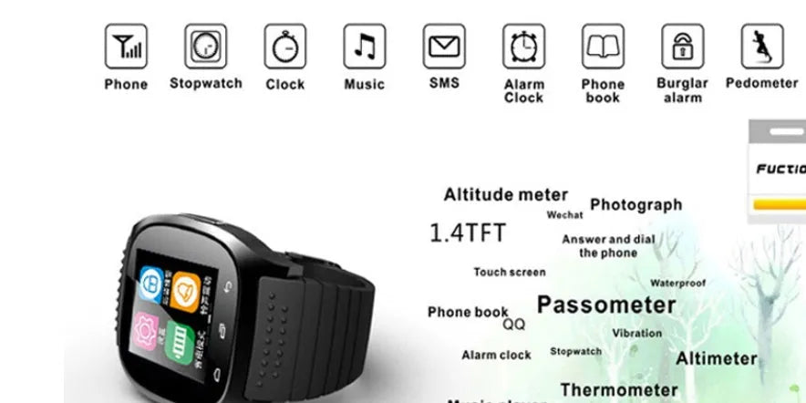 Bluetooth sports watch in black, white, or blue colours compatible with iPhone and Android smartphones
