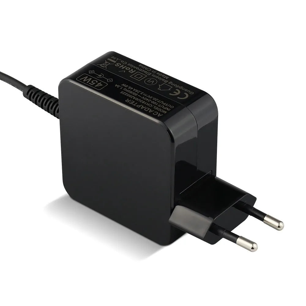Black 45W laptop power adapter with American plug and DC connector showing dimensions