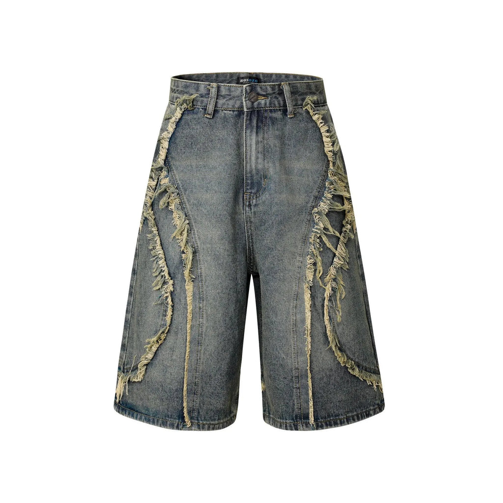 Men's distressed light blue denim shorts with raw edge detailing and a straight leg cropped cut.