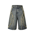 Men's distressed light blue denim shorts with raw edge detailing and a straight leg cropped cut.