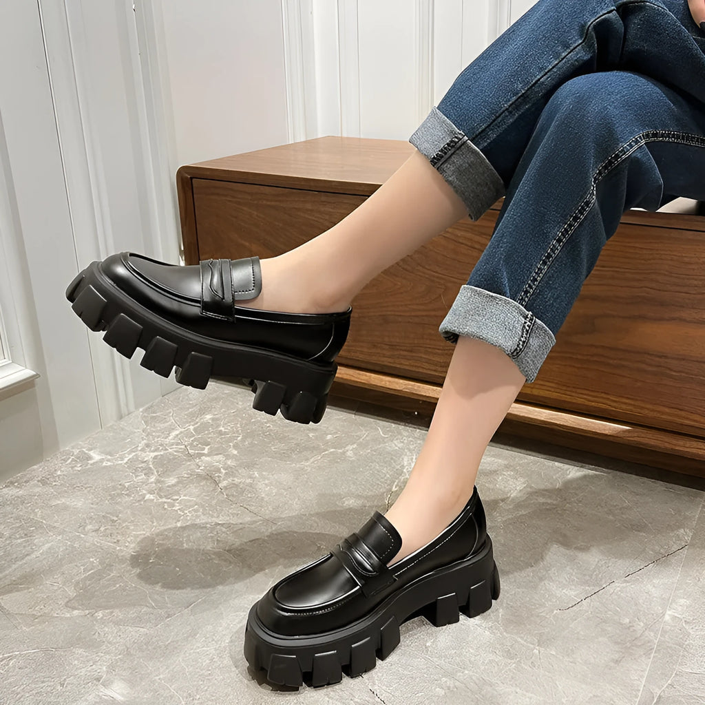 British style wide fit patent leather loafers with rubber sole and muffin base heel design