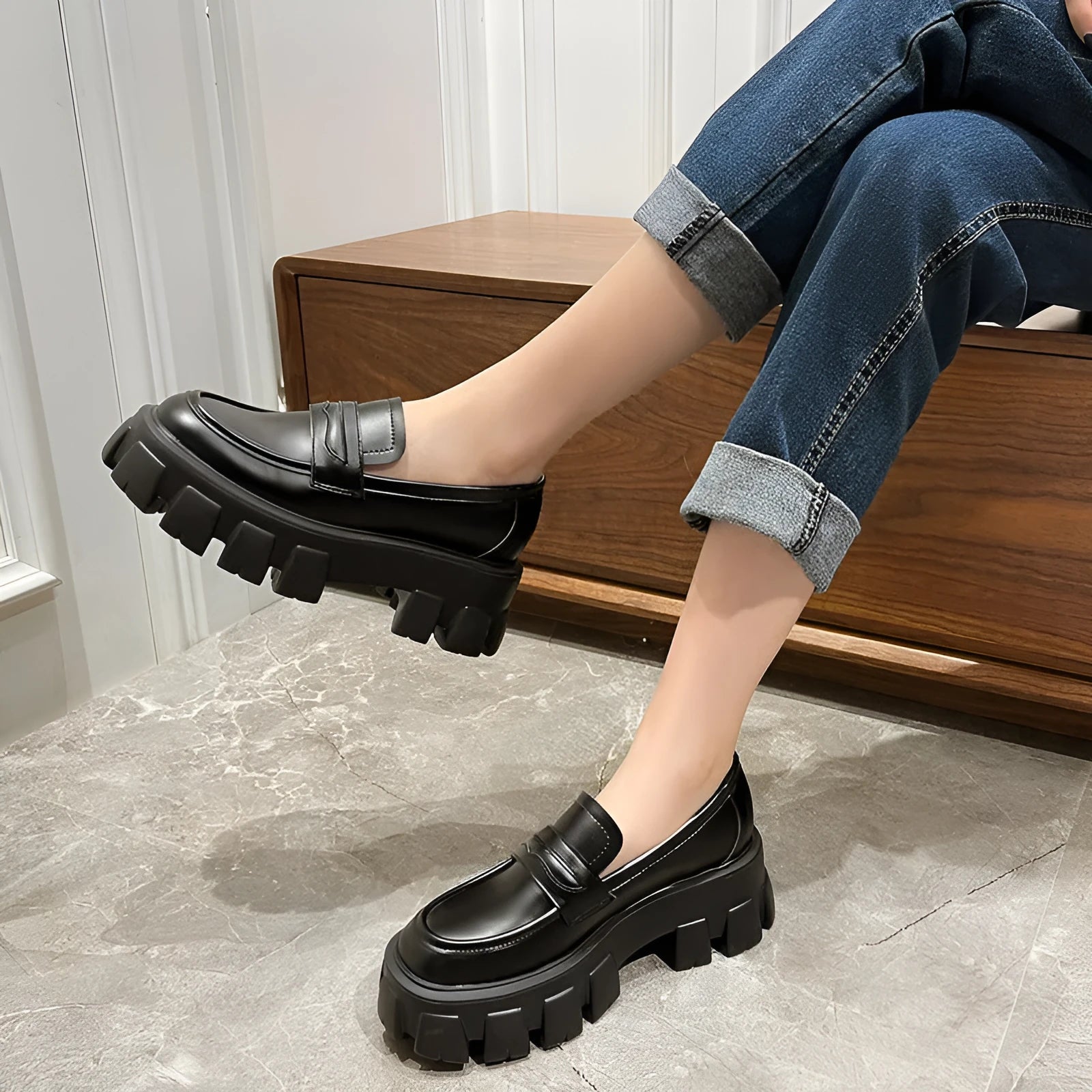 British style wide fit patent leather loafers with rubber sole and muffin base heel design